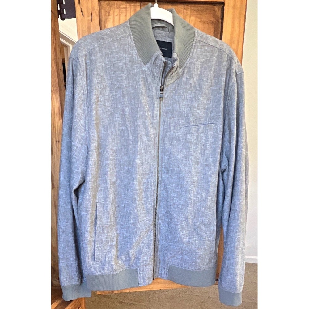 Banana Republic Mens L Green Gray Linen Blend Full Zip Bomber Jacket Pockets